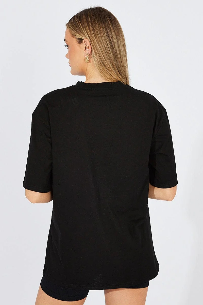 Black Graphic Tee Short Sleeve Round Neck