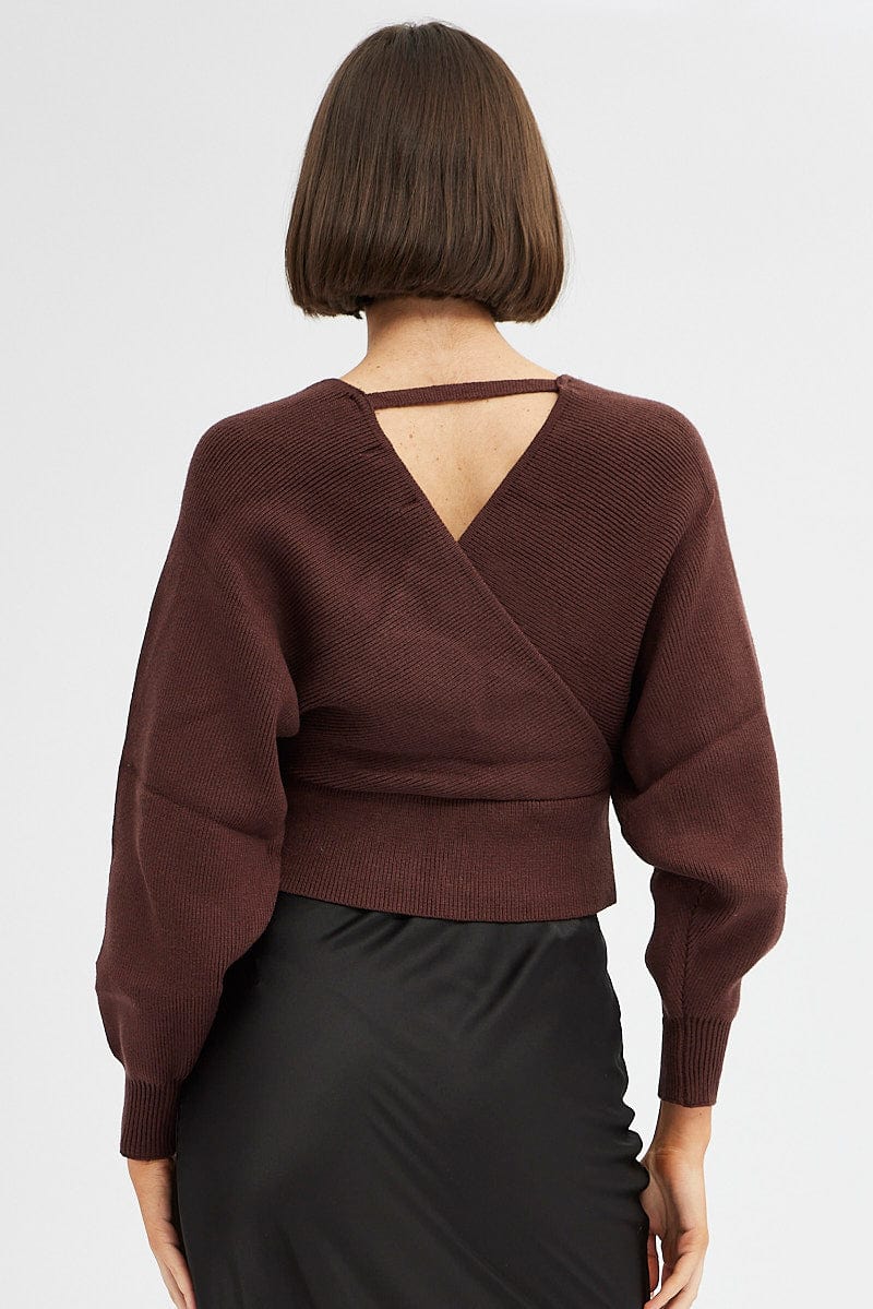 Brown Knit Top Long Sleeve Cross Over