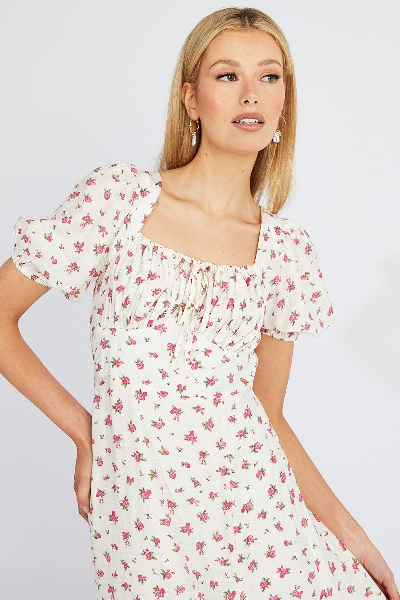 White Floral Midi Dress Puff Sleeve Midi