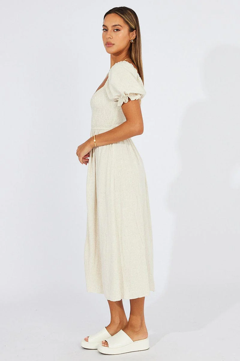 Beige Midi Dress Puff Sleeve Linen Blend