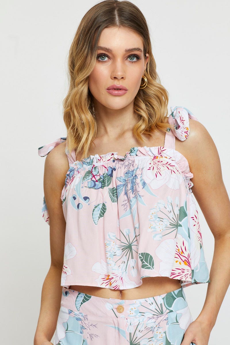 Print Cami Top Sleeveless Tie Up