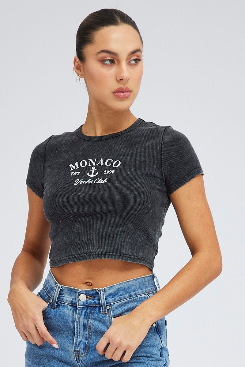 Black Baby Tee Short Sleeve Crop Round Neck Graphic