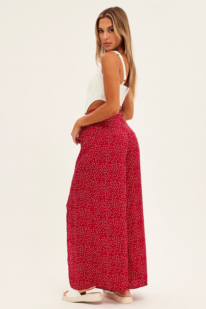 Red Polka Dot Wide Leg Pants High Rise Waist Tie