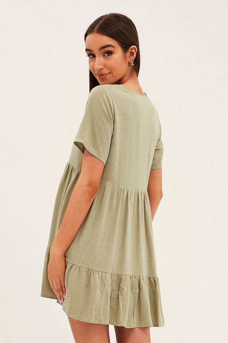 Green Smock Dress Short Sleeve V Neck Linen Blend