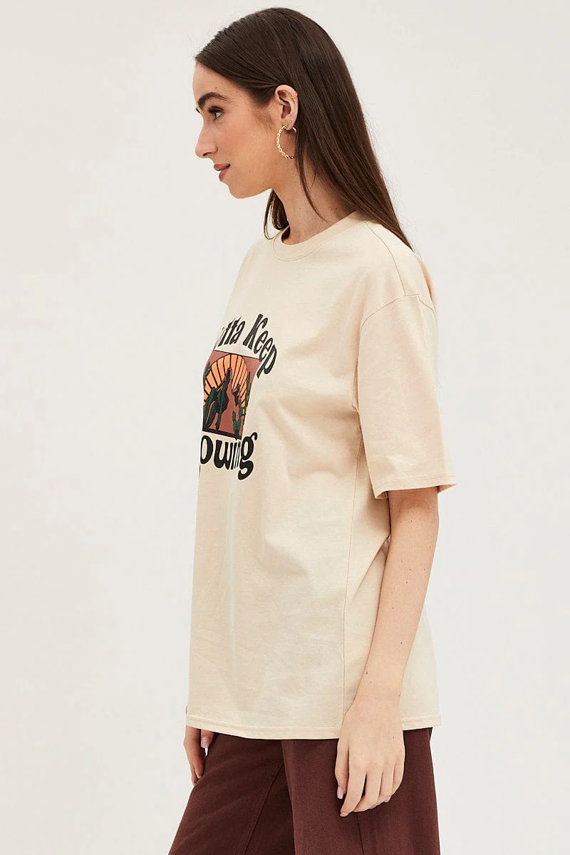 Beige Graphic Tank Short Sleeve Cotton