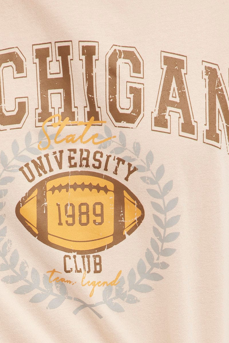 Beige Graphic T-Shirt Varsity Short Sleeve Oversized
