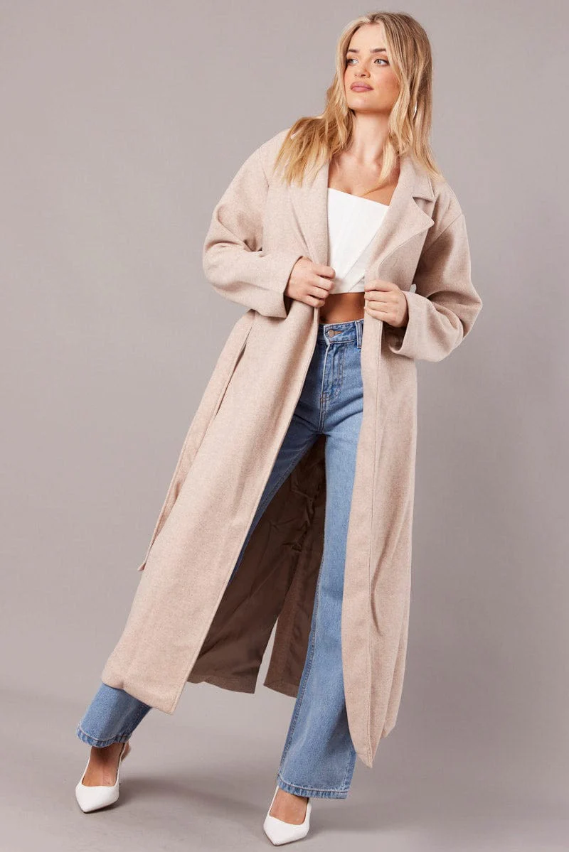 Beige Long Coat Long Sleeve Tie Front