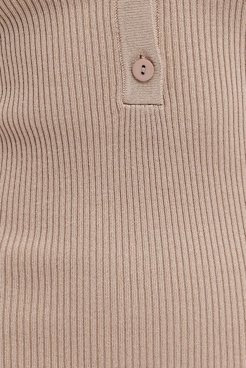 Beige Knit Dress Short Sleeve Maxi Collared