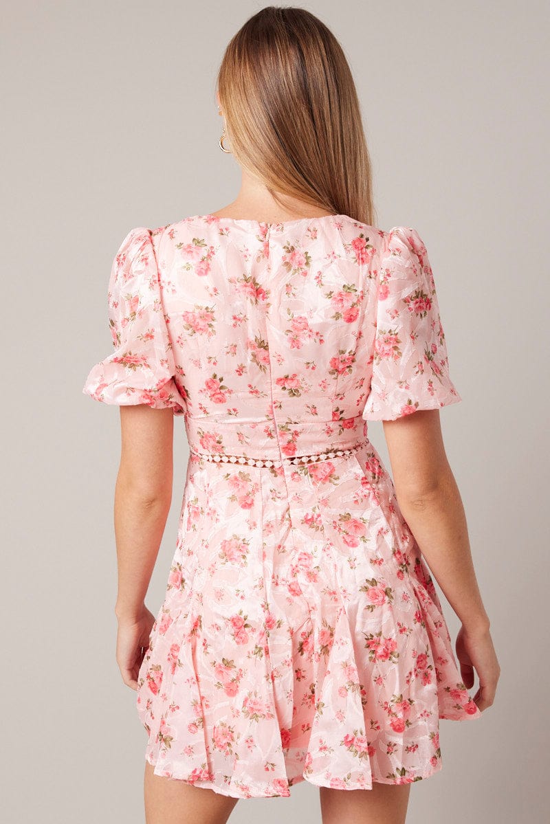 Pink Floral Fit And Flare Dress Puff Sleeve Mini