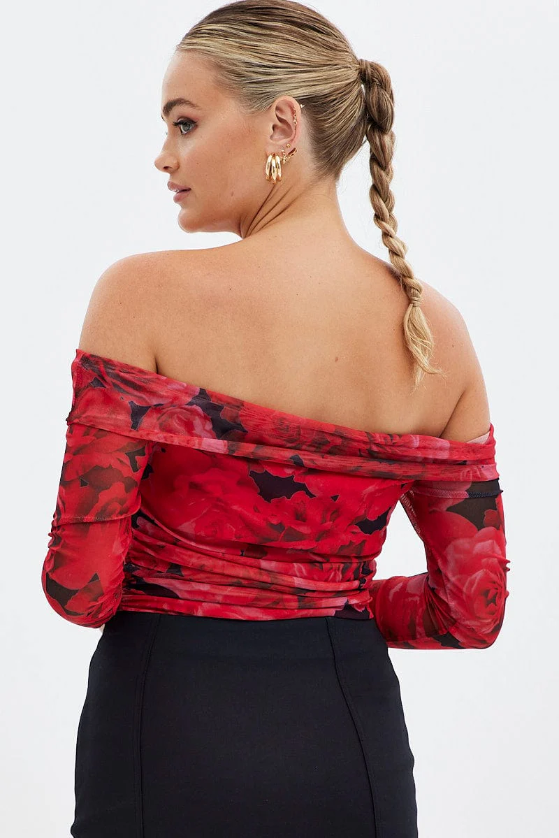 Red Floral Bardot Top Long Sleeve Off Shoulder Mesh Crop