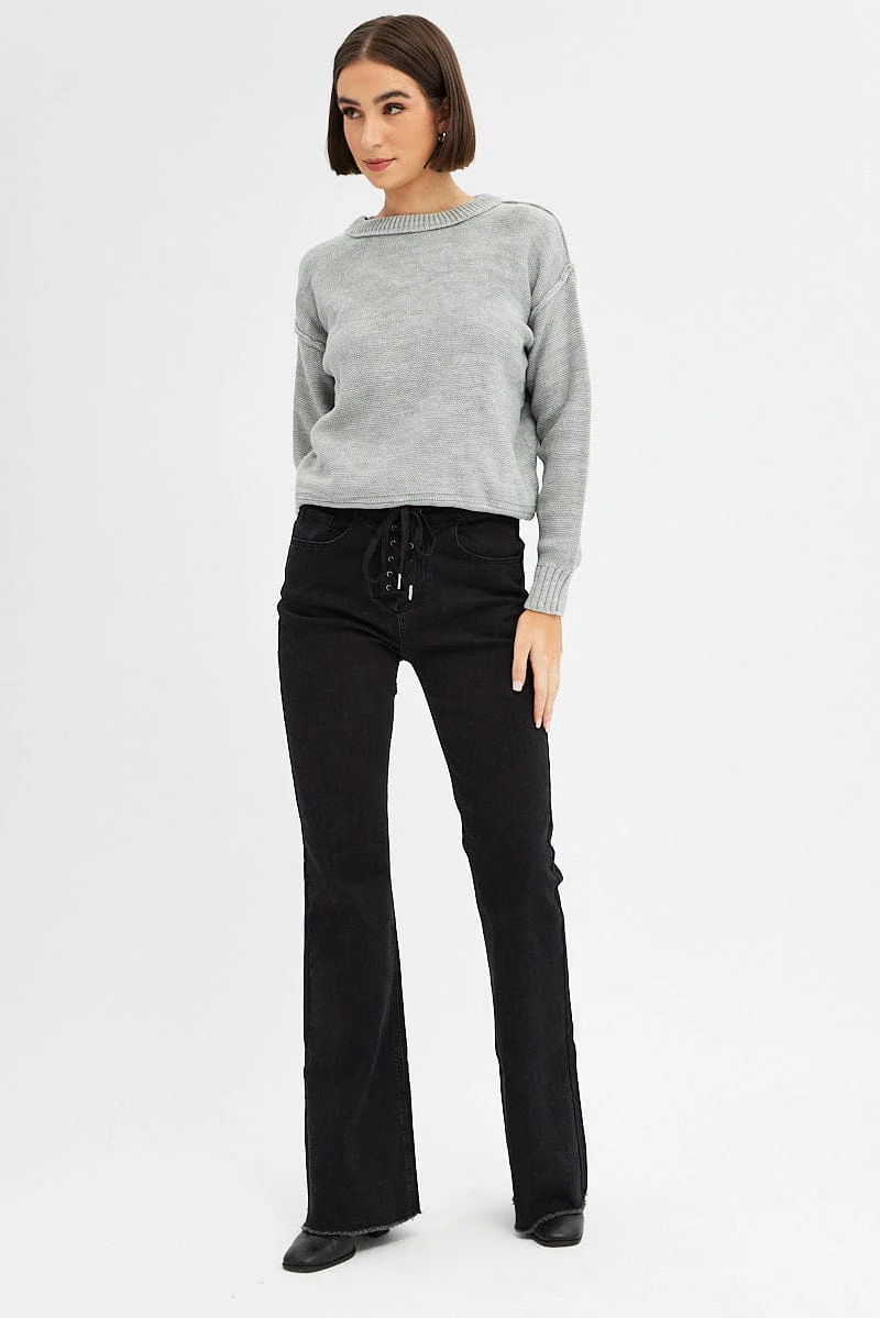 Grey Knit Top Long Sleeve Round Neck