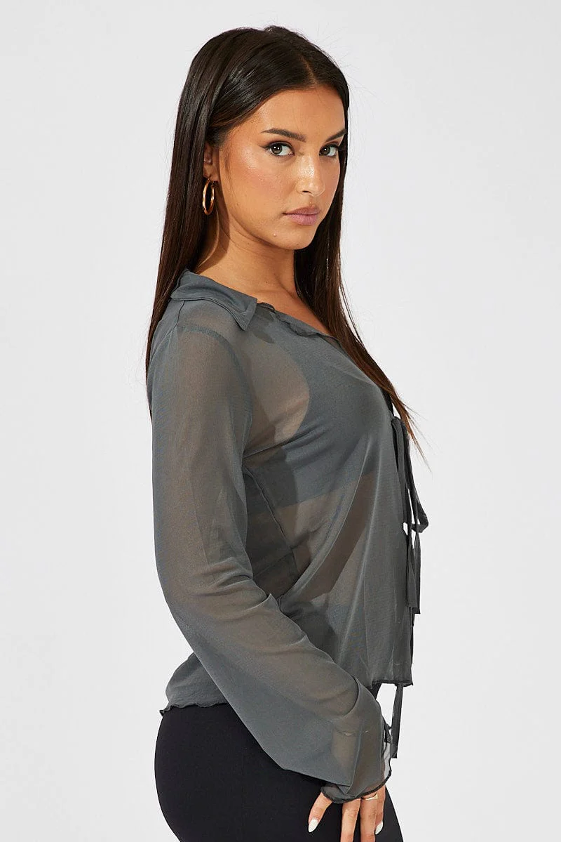 Grey Mesh Cardigan Long Sleeve