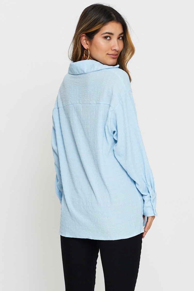 Blue Button Front Shirts Long Sleeve