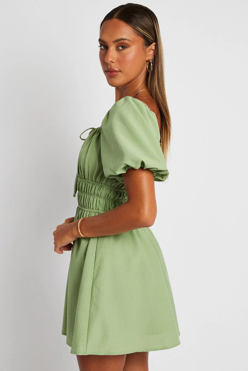 Green Fit And Flare Dress Puff Sleeve Mini