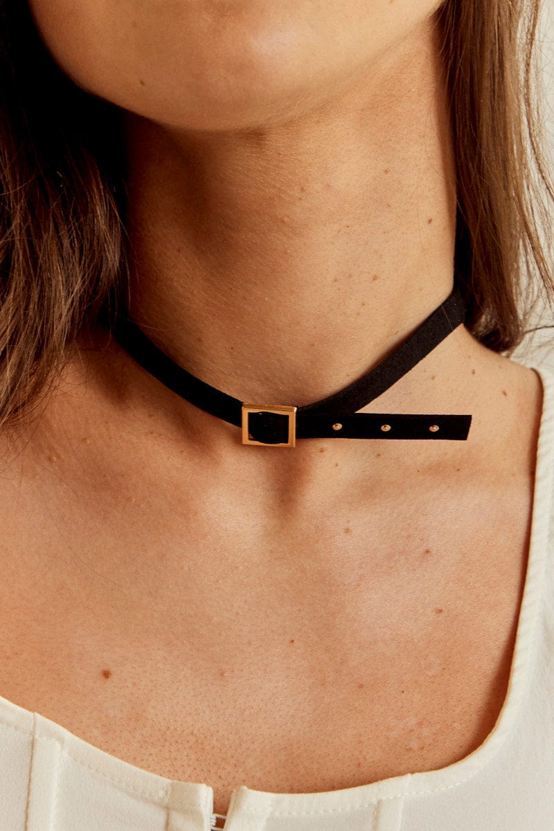 Black Buckle Detail Faux Leather Choker Necklace