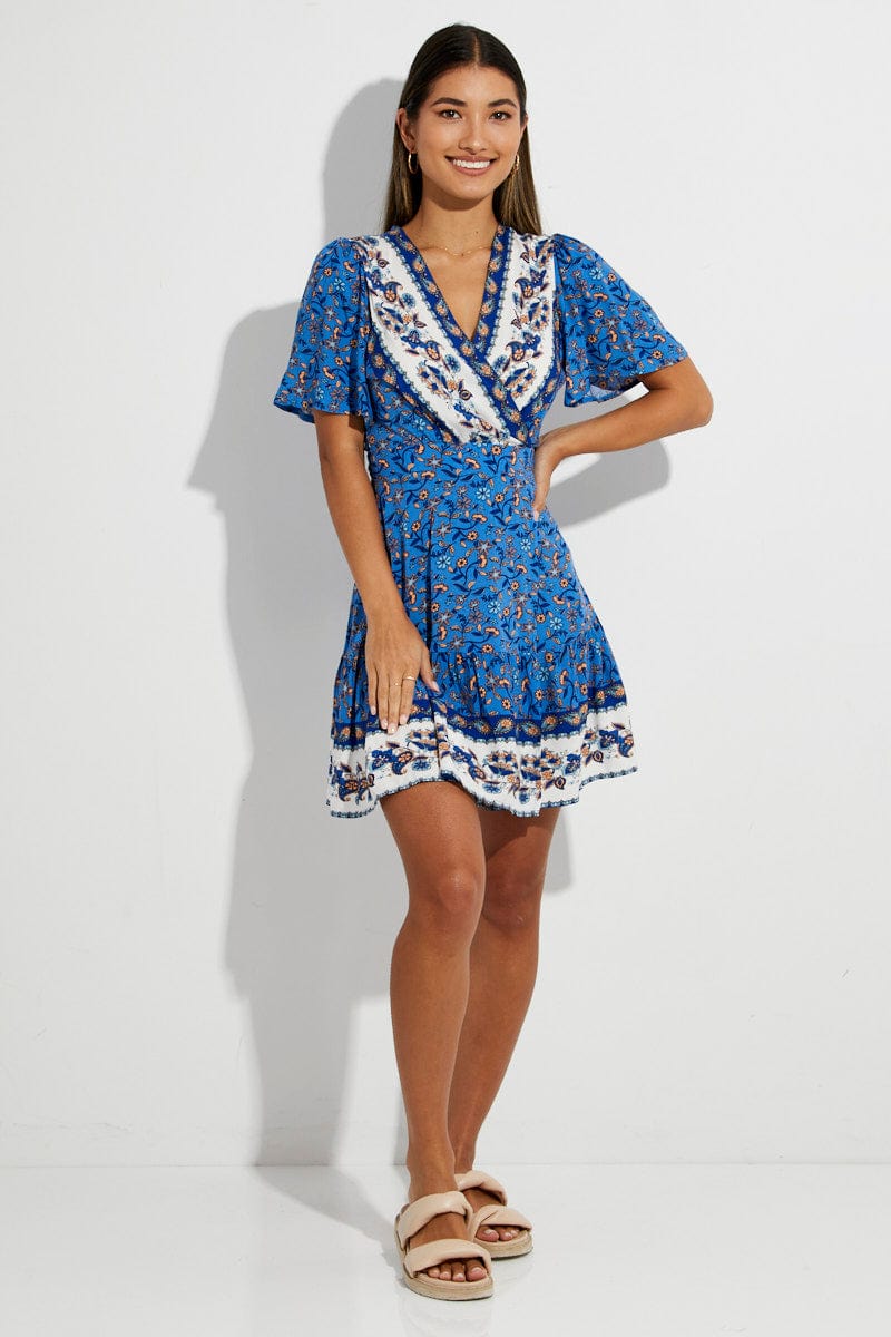 Blue Boho Boho Wrap Mini Dress