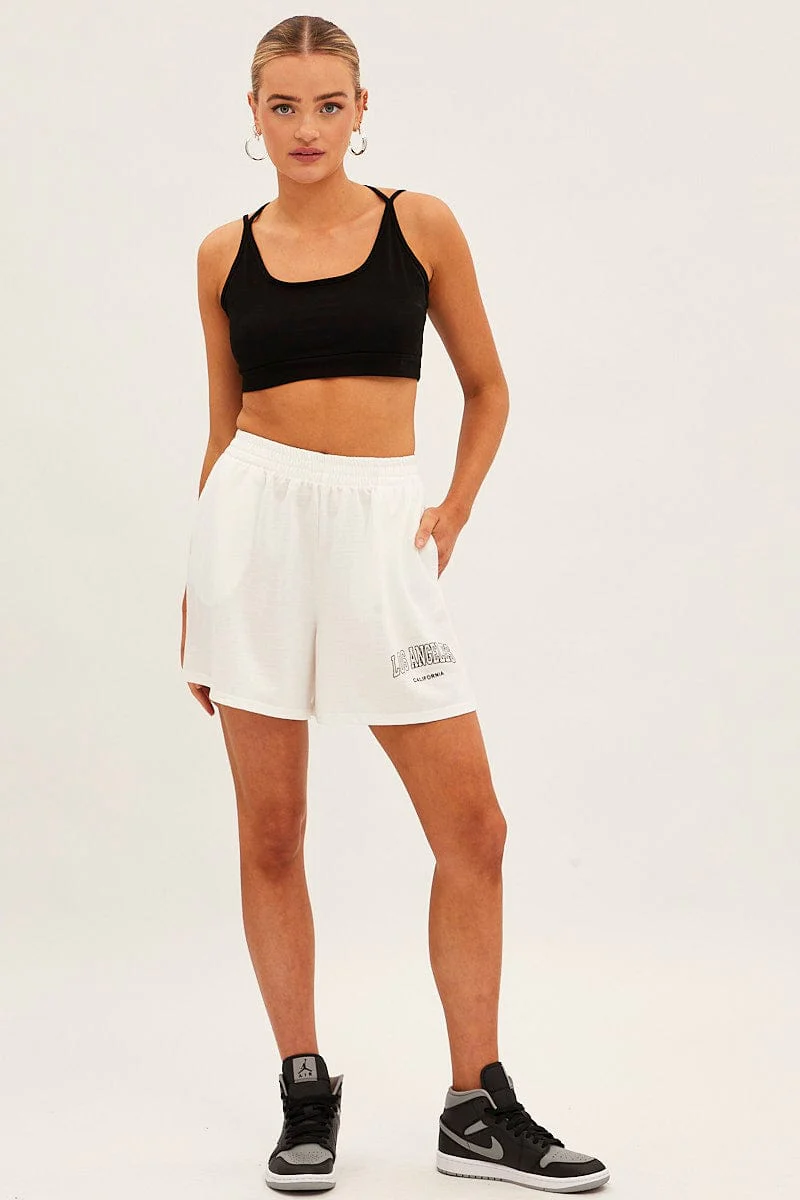 White Elastic Waist Biker Track Shorts