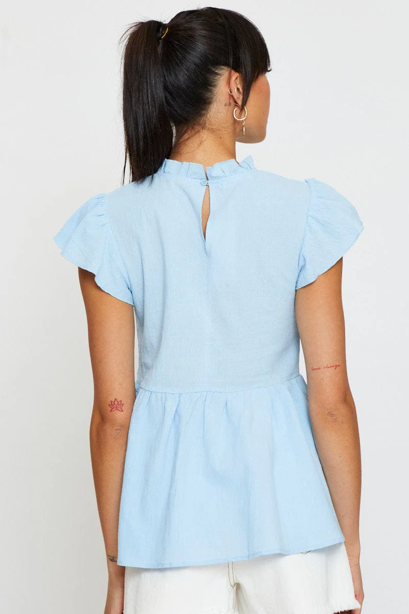 Blue Workwear Blouse Short Sleeve Linen