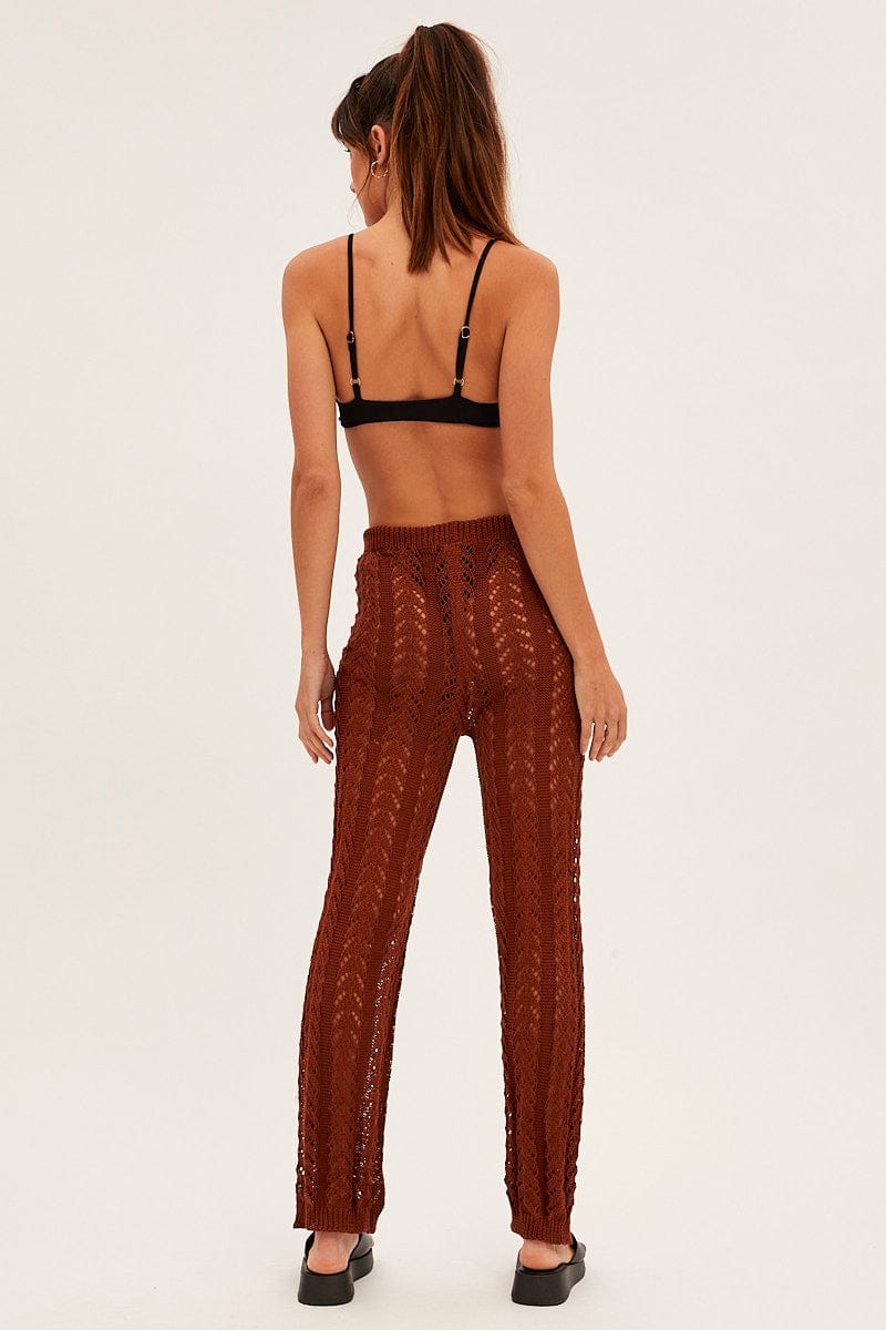 Brown Crochet Knit Pants Beachwear