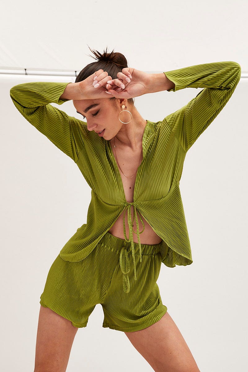 Green Tie Front Long Sleeve Top