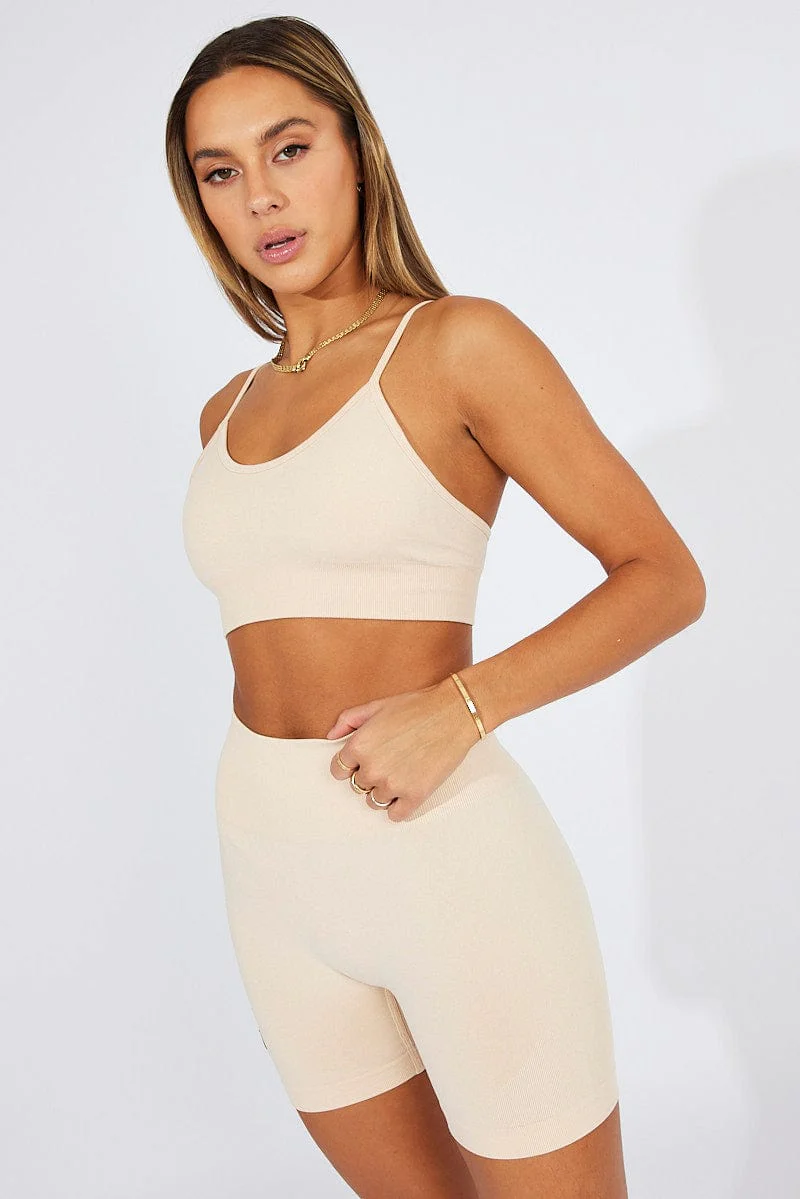 Beige Seamless Top And Shorts Activewear Set