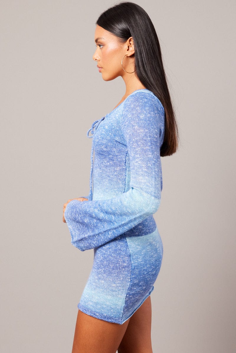 Blue Knit Dress Long Sleeve Mini