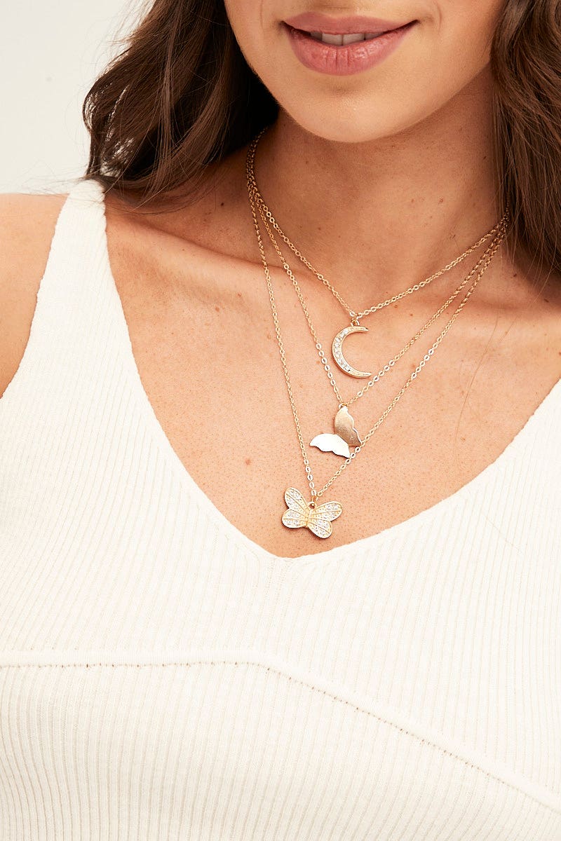Gold Butterfly And Moon Pendent Layered Necklace