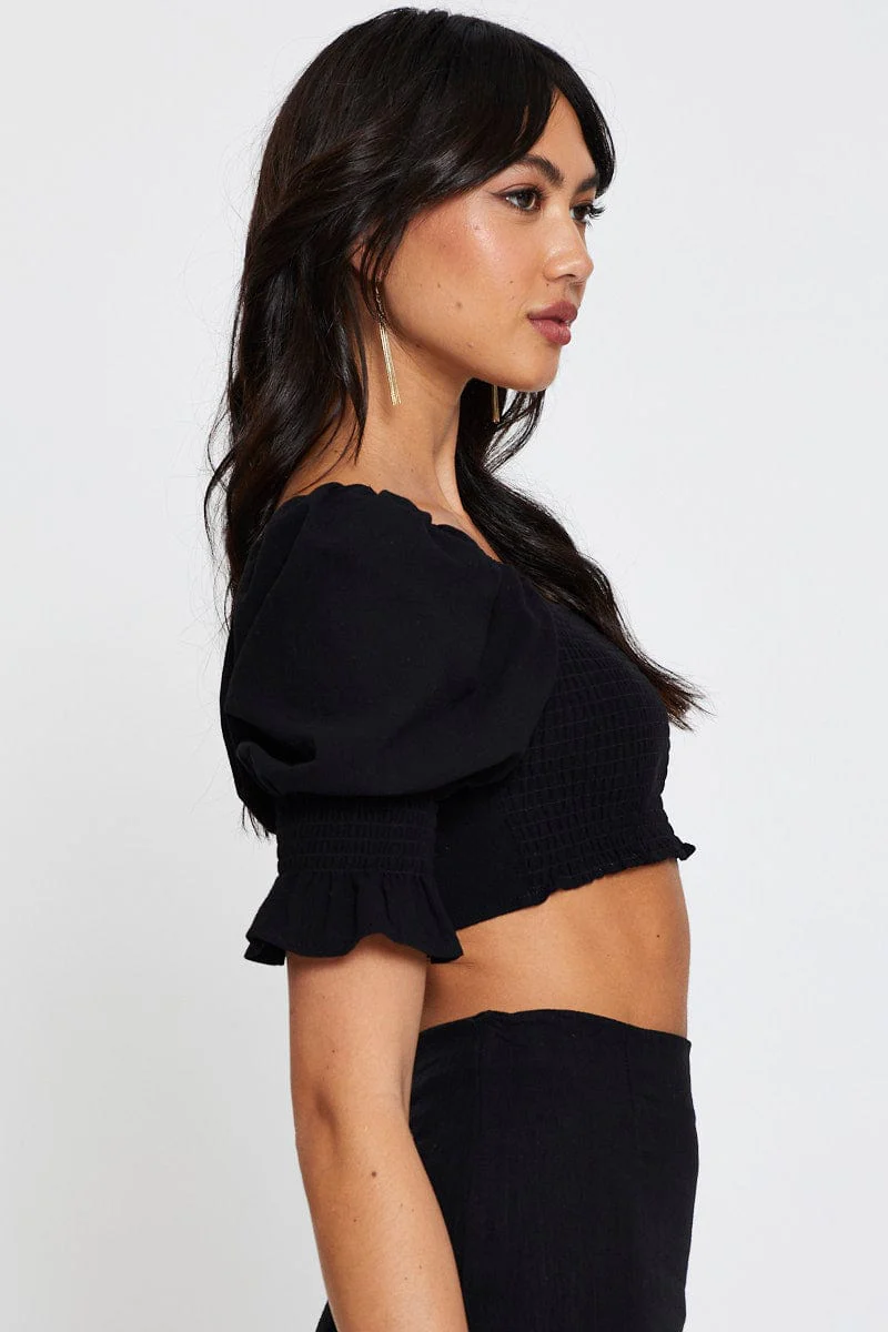 Black Crop Top Short Sleeve Round Neck