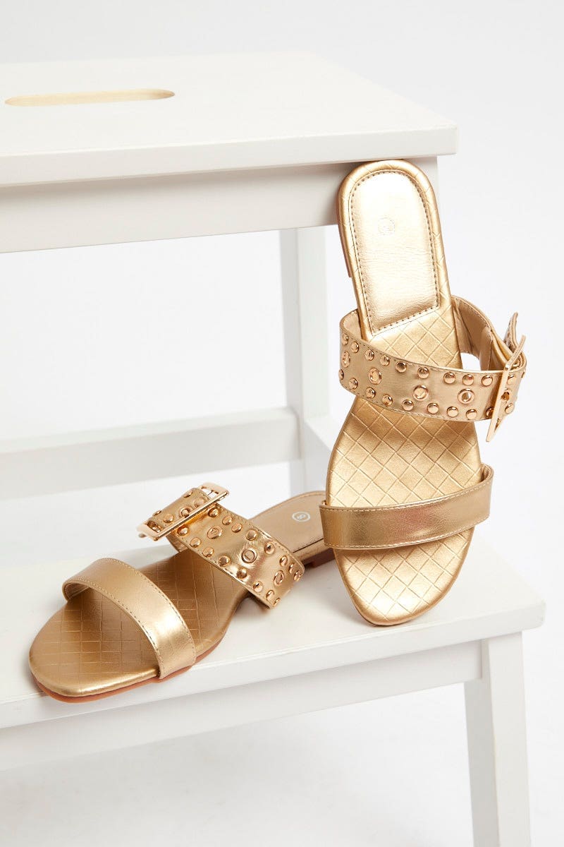Gold Buckle Detail Flat Slides