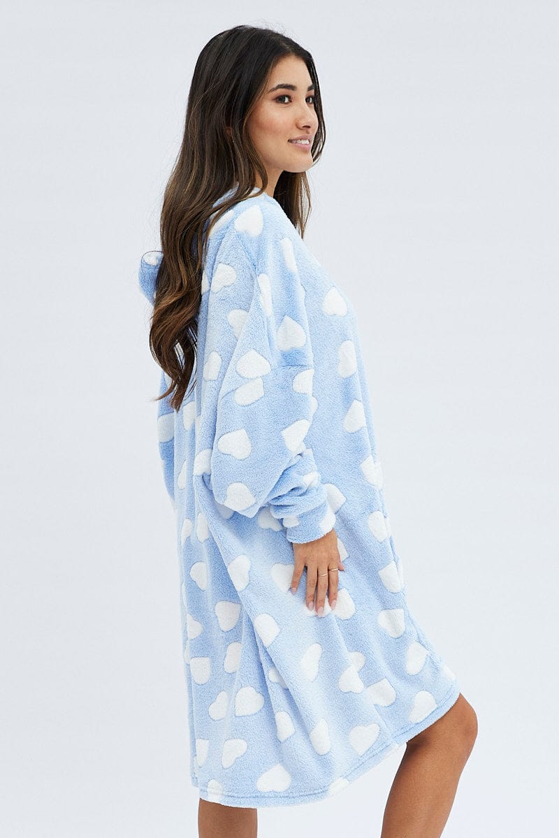 Blue Print Heart Print Cosy Blanket Hoodie PJ