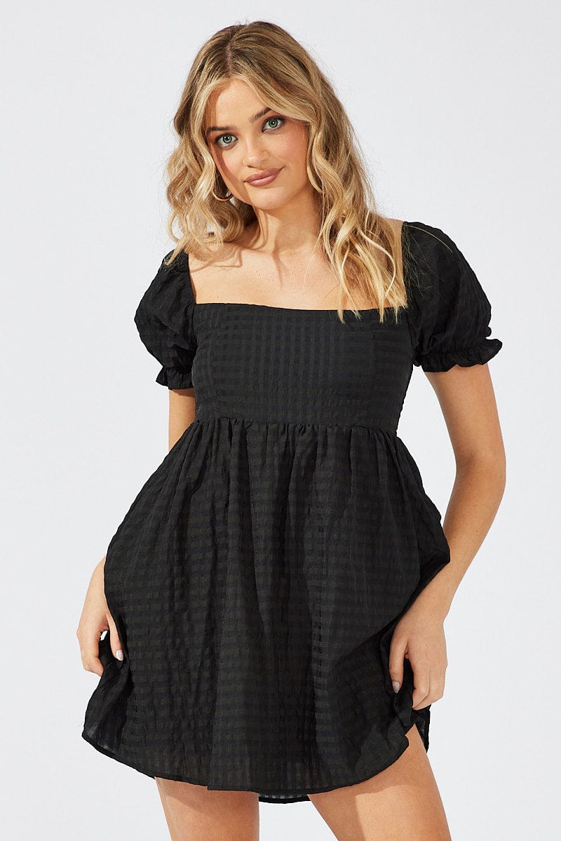 Black Fit and Flare Dress Short Sleeve Self Check