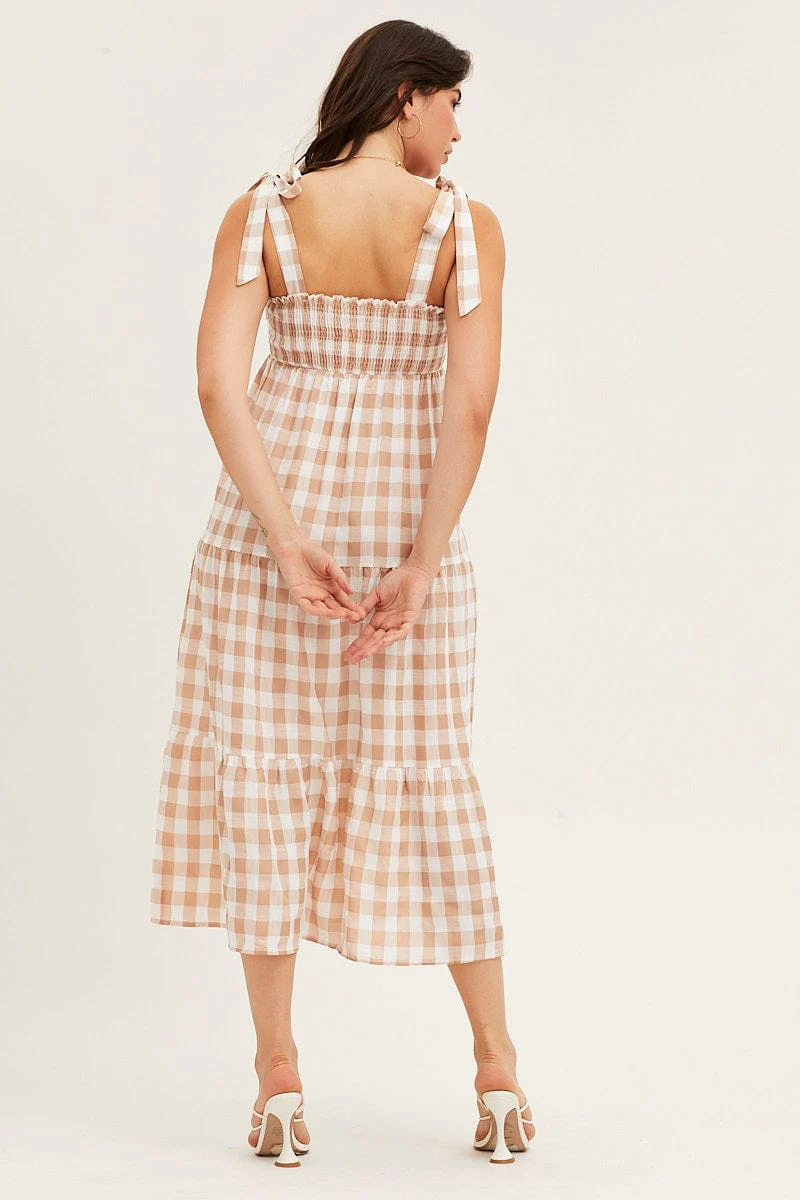Check Tied Shoulder Midi Dress