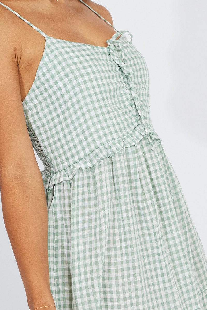 Green Check Maxi Dress Sleeveless Shirred Bust