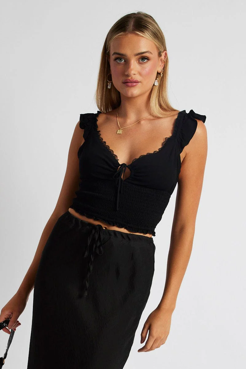 Black Smocked Crop Top Sleeveless