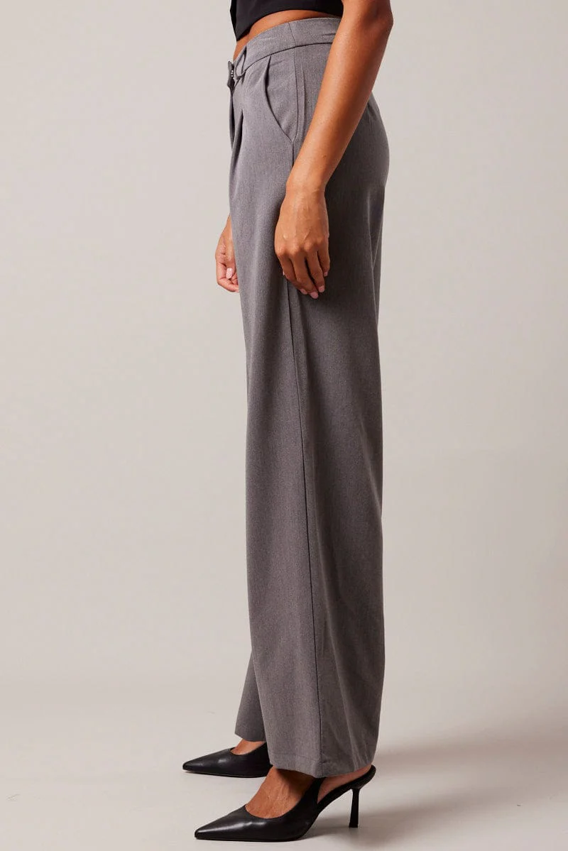 Grey Wide Leg Pants High Rise