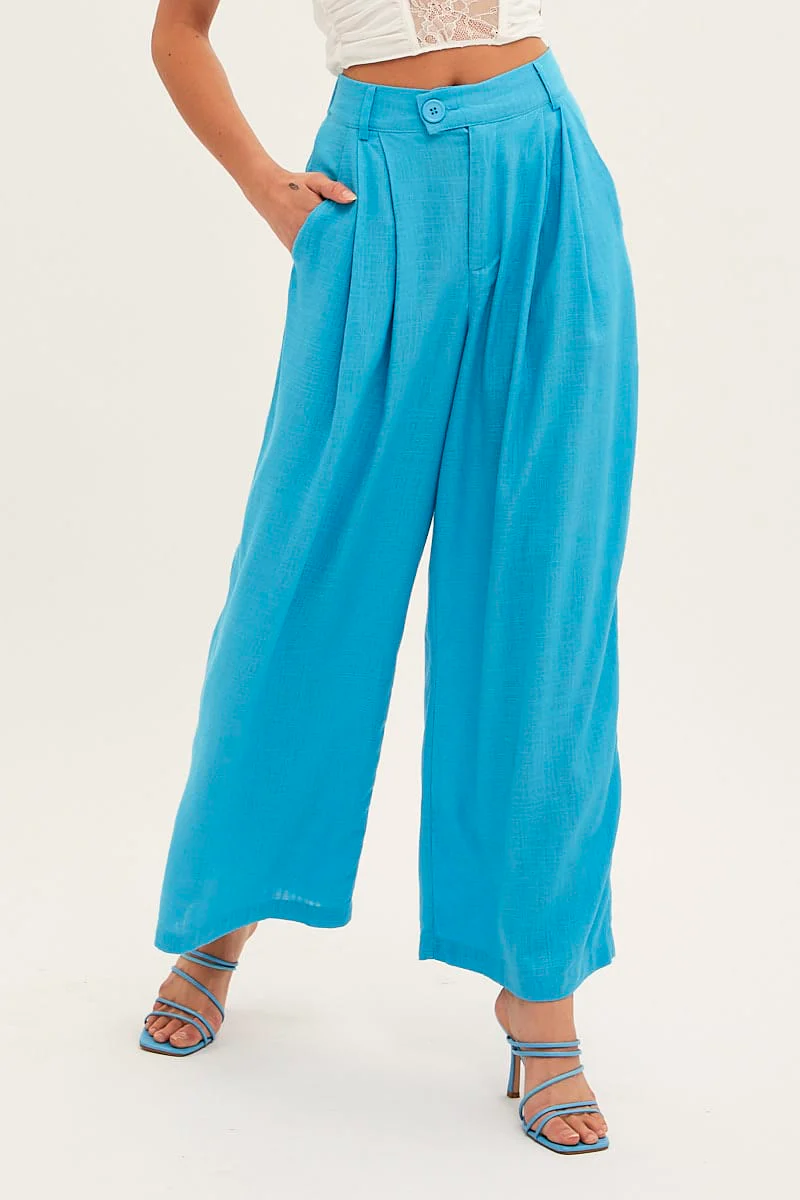 Blue Wide Leg Pants High Rise Linen Blend