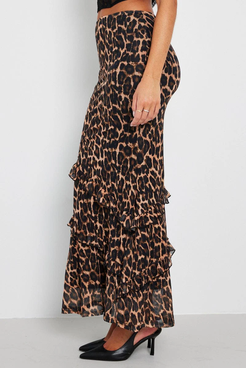 Brown Animal Print Maxi Skirt Leopard Ruffle Mesh Maxi