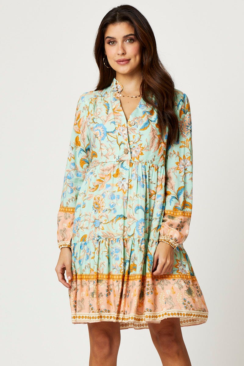 Boho Print Button Front Skater Dress
