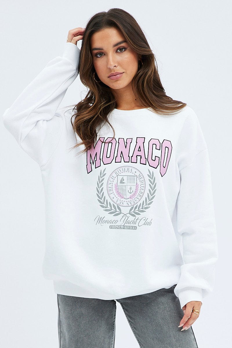 White Graphic Sweatshirt Long Sleeve Crew Neck
