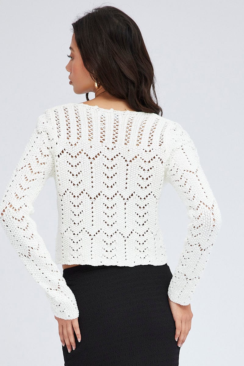 White Crochet Knit Cardigan Long Sleeve Round Neck