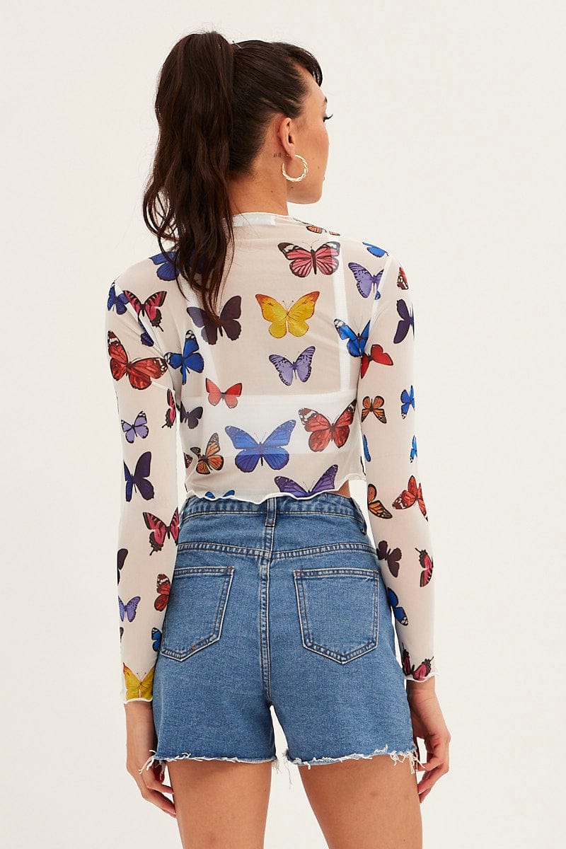 White Mesh Long Sleeve Crop Top