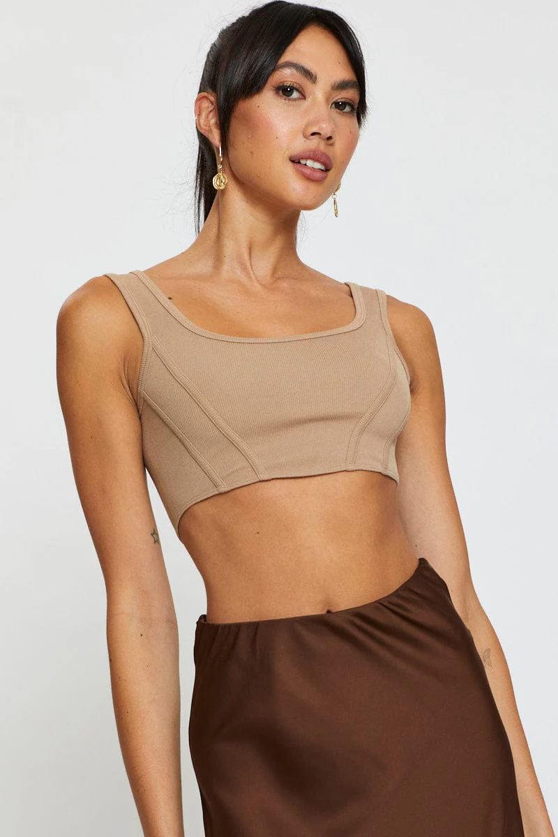 Brown Crop Tank Top Sleeveless Round Neck Seamless
