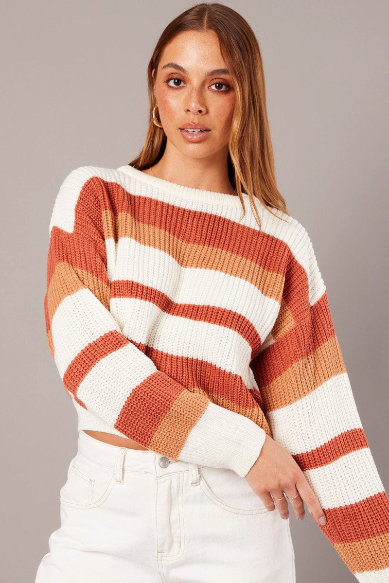 Brown Stripe Knit Top Long Sleeve Color Block