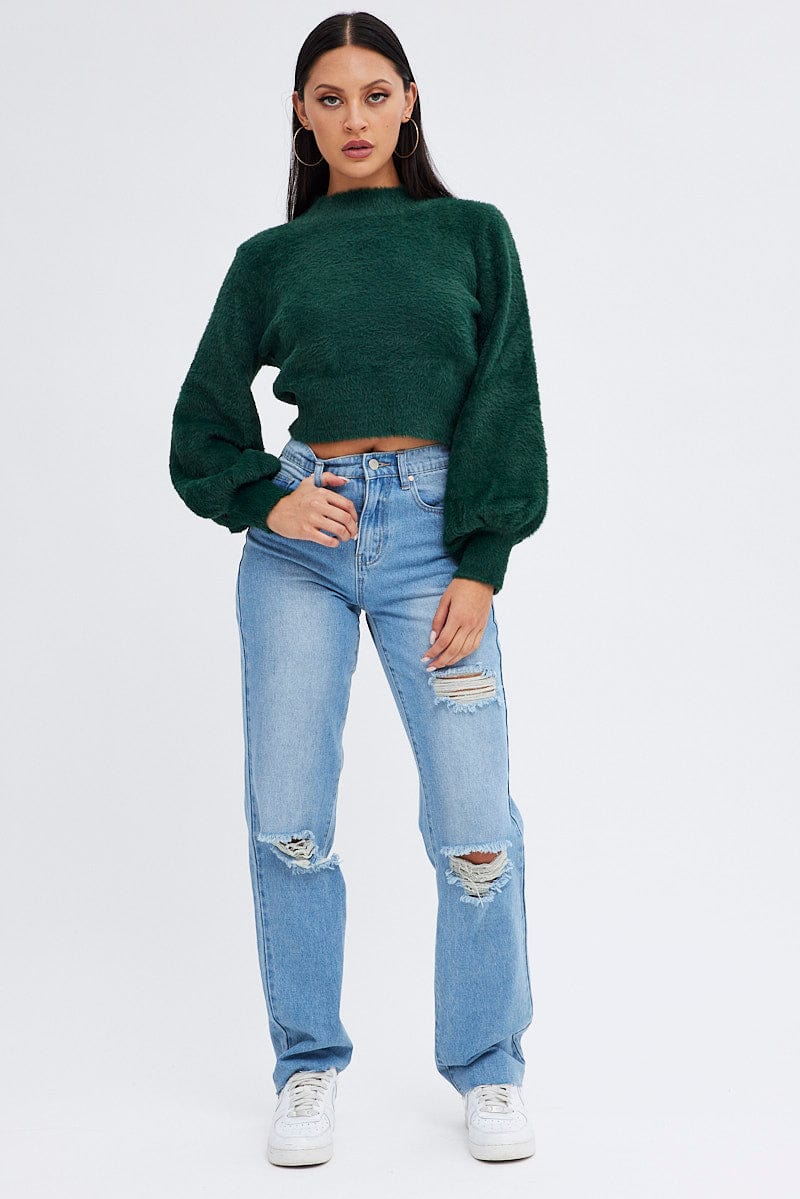 Green Fluffy Knit Jumper Long Sleeve