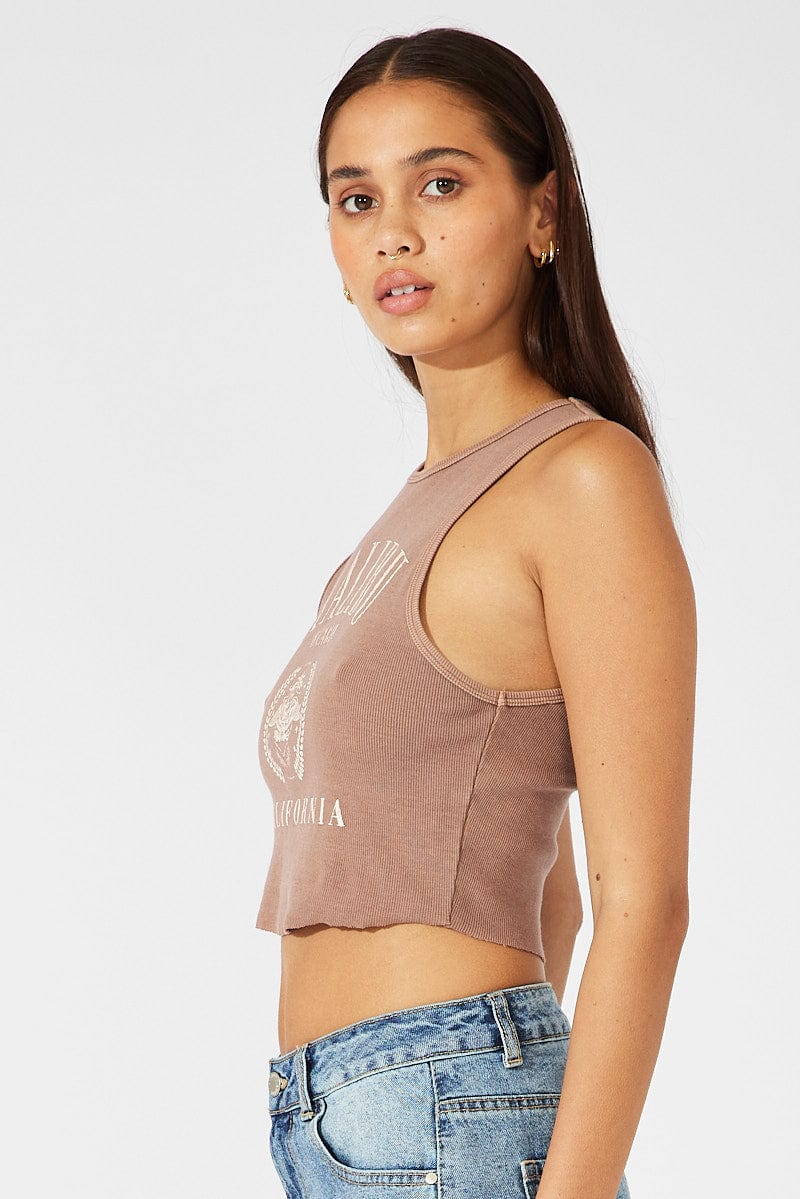 Brown Graphic Tank Sleeveless Washed
