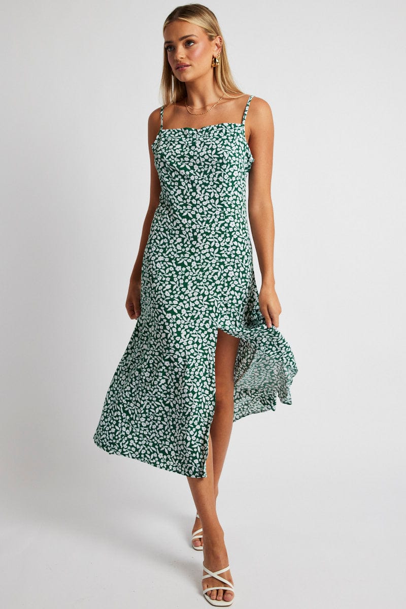 Green Floral Midi Dress Sleeveless