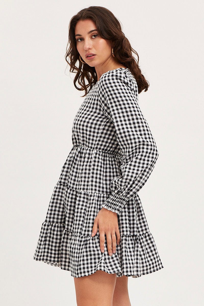 Check Skater Dress Long Sleeve Mini