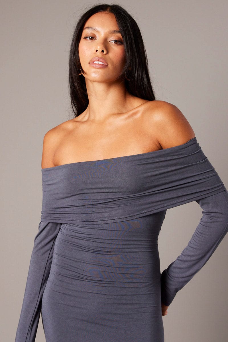 Grey Off Shoulder Dress Long Sleeve Maxi