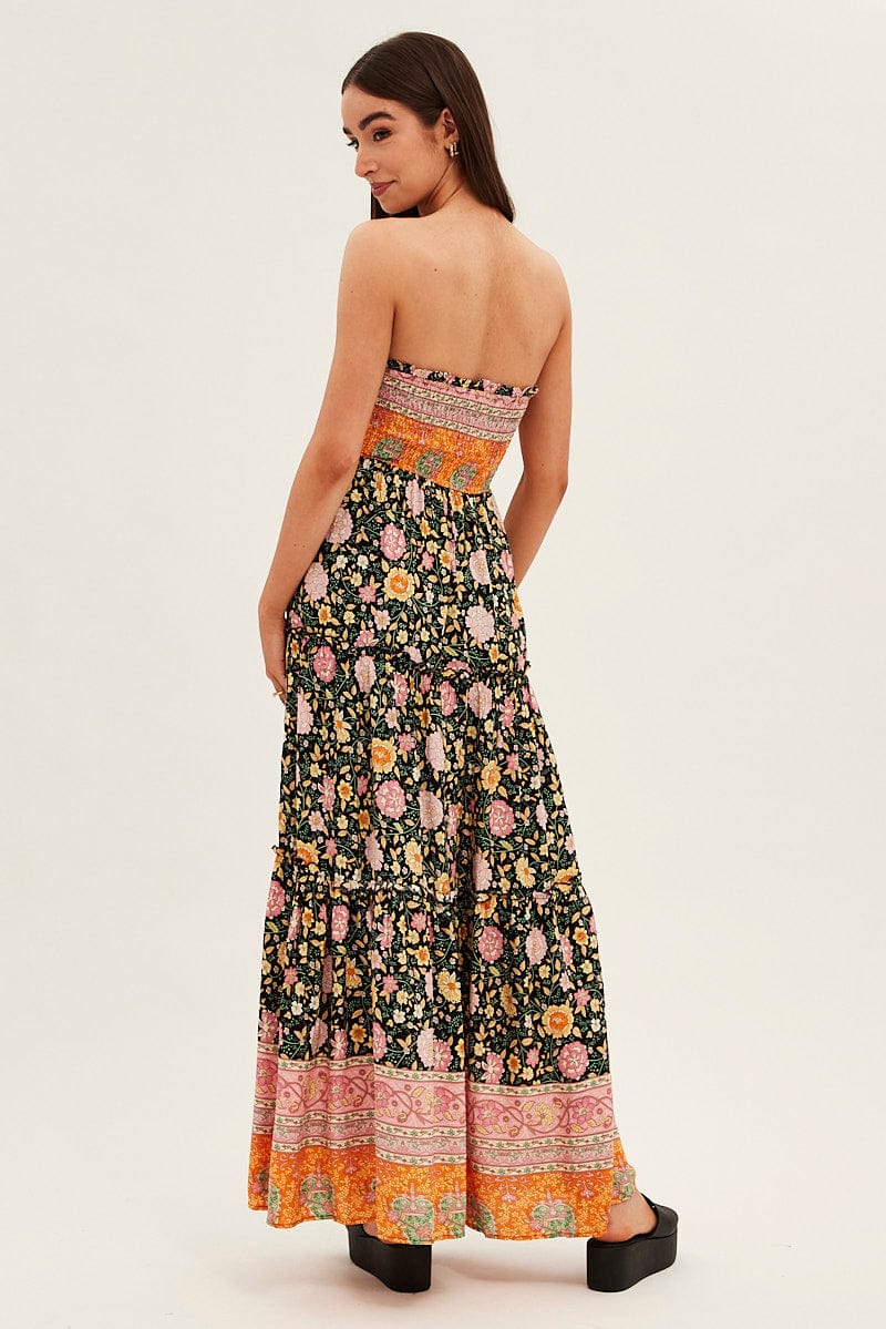 Boho Print Maxi Dress Bandeau Sun Dress