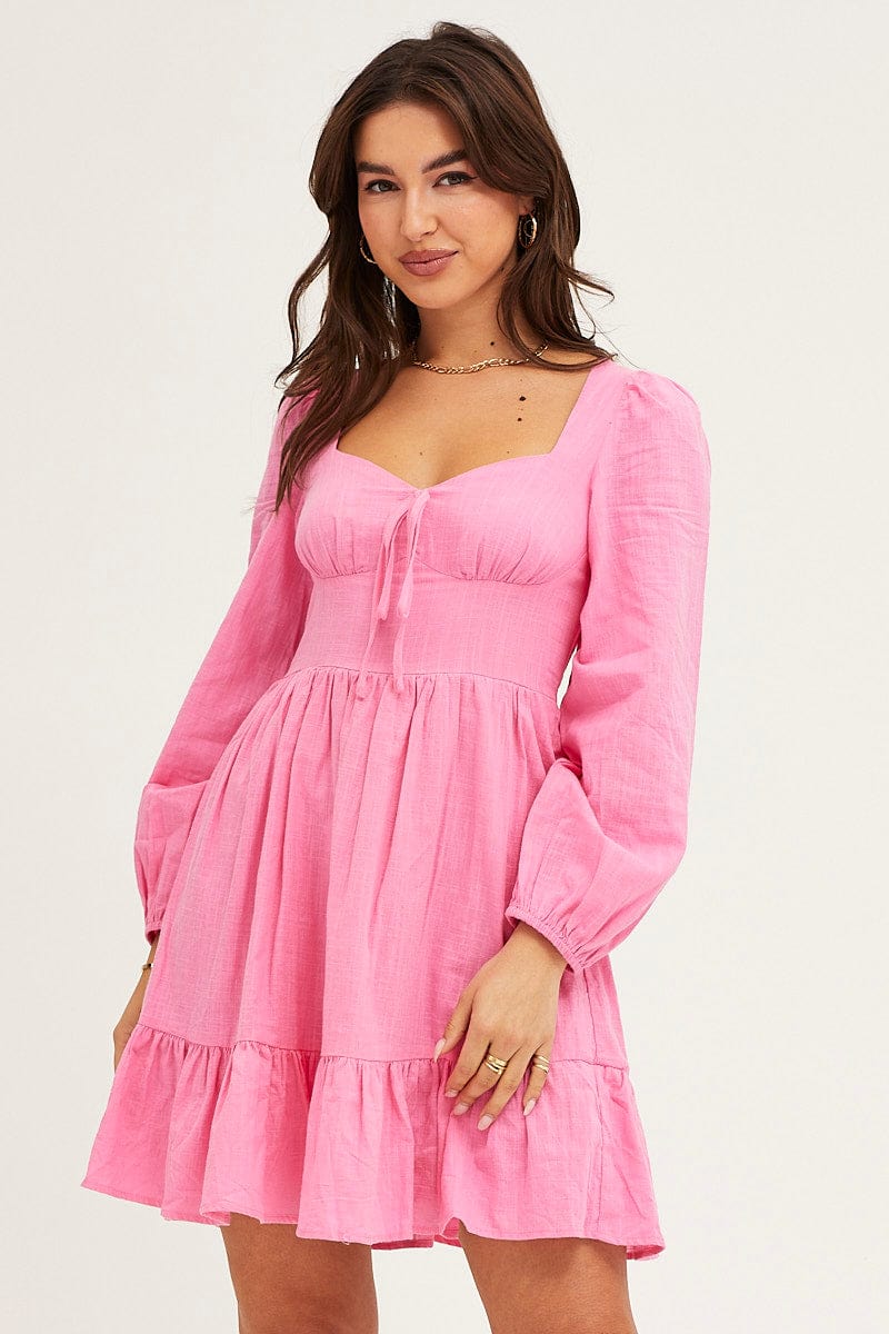 Pink Skater Dress Puff Sleeve Mini